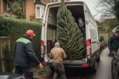 Loading Christmas trees into the van for local delivery