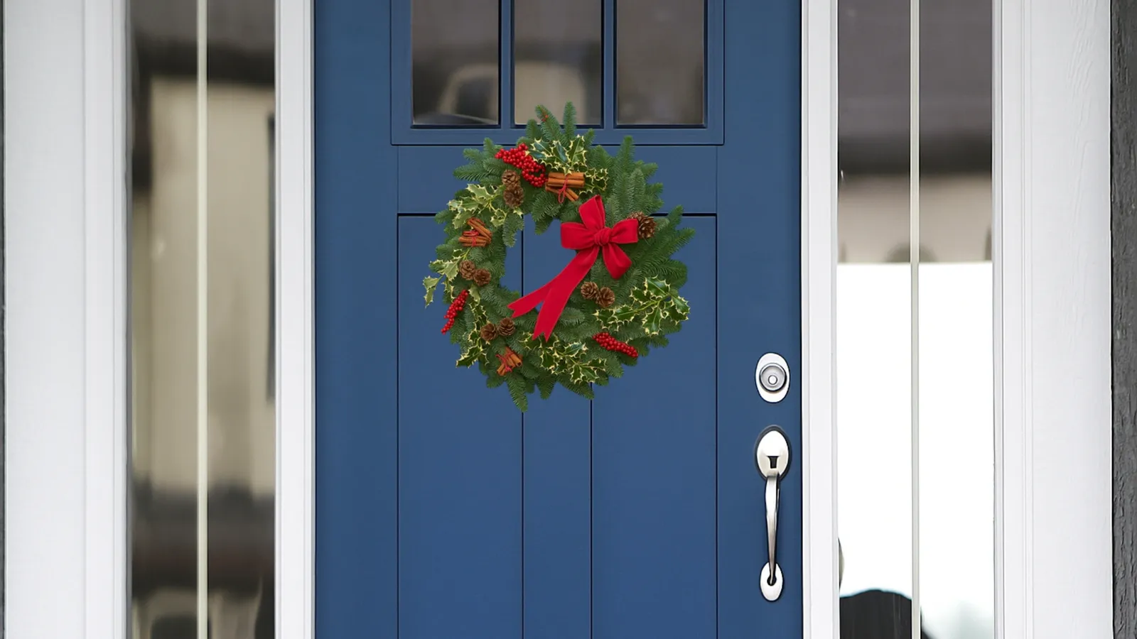 Traditional handmade Christmas wreath on a blue front door